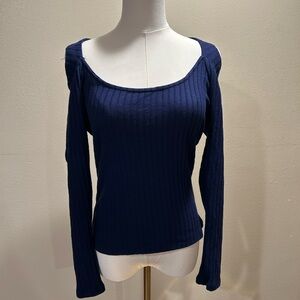 Red Haute Deep Blue Ribbed Cold Shoulder Top